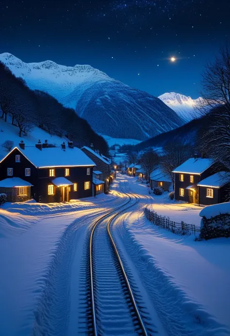 a peaceful snowy rural village at night, small cottages with warm lights glowing, a train with lights passing through the snowy ...