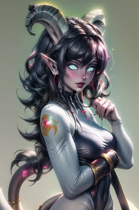 masterpiece, best quality, 1girl, solo, draenei, glowing eyes, colored sclera, tail ornament, hooves, white skin, blue eyes, black hair, shiny silver pouty lips, leotard, (tentacle hair:0.8), close-up, upper body, hair ornament