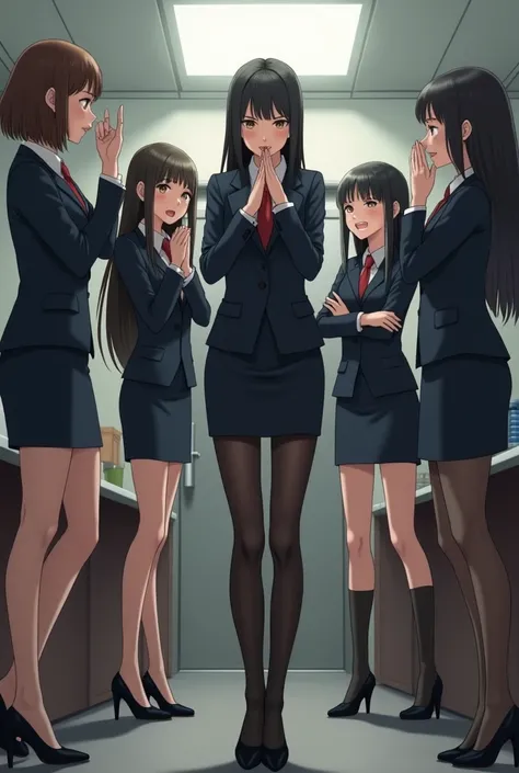 Five beautiful-legged secretaries, two of whom are wearing black tights, one Japanese and one Korean, all in recruitment suits, short tight skirts, apologizing, crying, real
