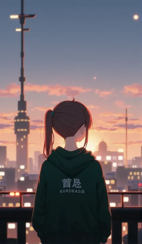 A girl，Brown side ponytail，Green eyes，Double，另A girl，Brown side ponytail，Blue Eyes，Sweatshirt，Back to Back，Bow your head，look up，Sunset，Distant city，Movie lighting，Second dimension style