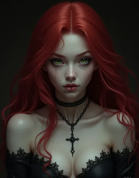 (best quality, highres, masterpiece:1.2), ultra-detailed, (realistic:1.37), portrait, goth, human, green eyes, naked, beautiful detailed lips, extremely detailed face and eyes, long eyelashes, fair skin, flowing red hair, Remilia Scarlet, solo, captivating...