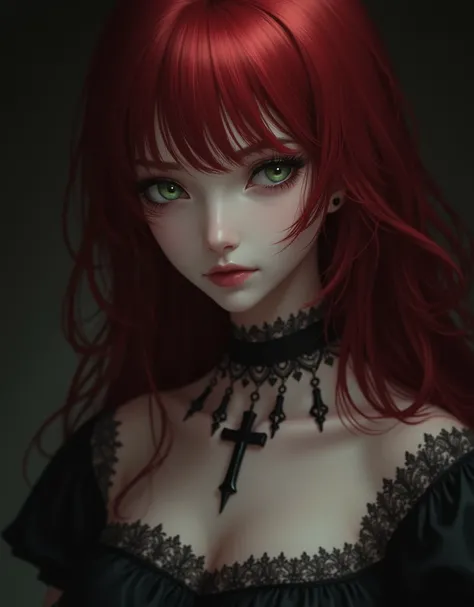 (best quality, highres, masterpiece:1.2), ultra-detailed, (realistic:1.37), portrait, goth, human, green eyes, naked, beautiful detailed lips, extremely detailed face and eyes, long eyelashes, fair skin, flowing red hair, Remilia Scarlet, solo, captivating...