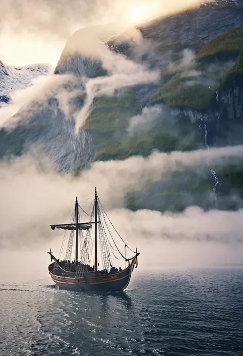 1 viking longship with dragon prow sailing in misty norwegian fjord at dawn, dramatic lighting, professional shot, cinematic, hi...