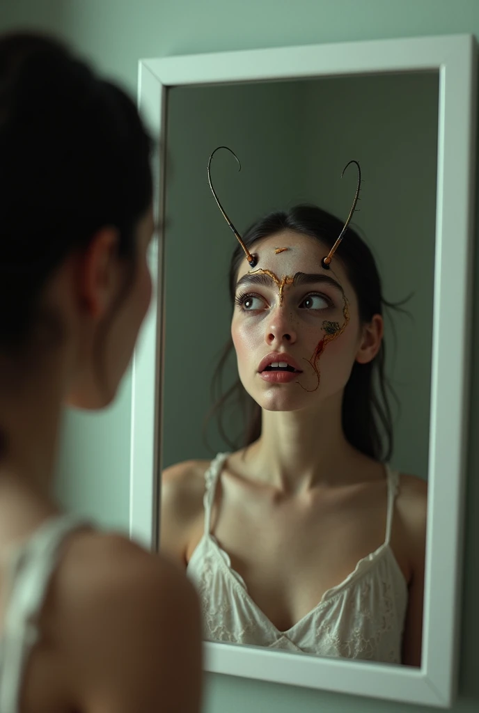 A girl looking at herself in the mirror and her face turned into a cockroach and her body is a girls body in a medium shot view.