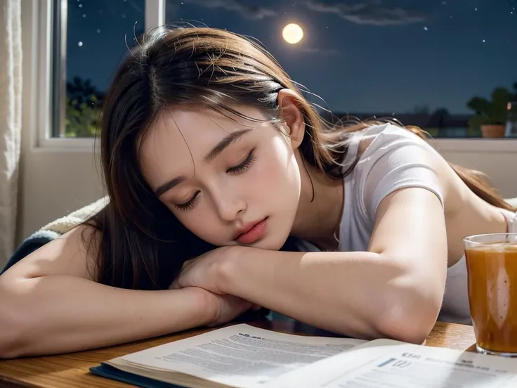 The adorable girl slept soundly on her cluttered work desk. She was wearing vibrant headphones and a brightly colored headphone strap around her neck. The room was bathed in moonlight streaming through a nearby window, offering a glimpse of the silent midn...