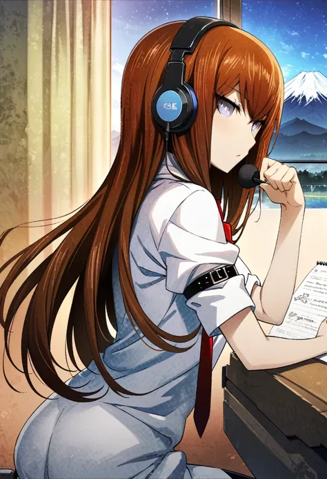 (makise kurisu, Steinsgate),masterpiece,((masterpiece, Highest quality, High resolution)), ((Highly detailed CG integrated 8K wallpaper)),Lo-Fi Research, girl, write, ~ ~ ~ side, 日本人のgirl, Brown Hair, Medium Long Hair, Headphones, Summer clothes, window, m...