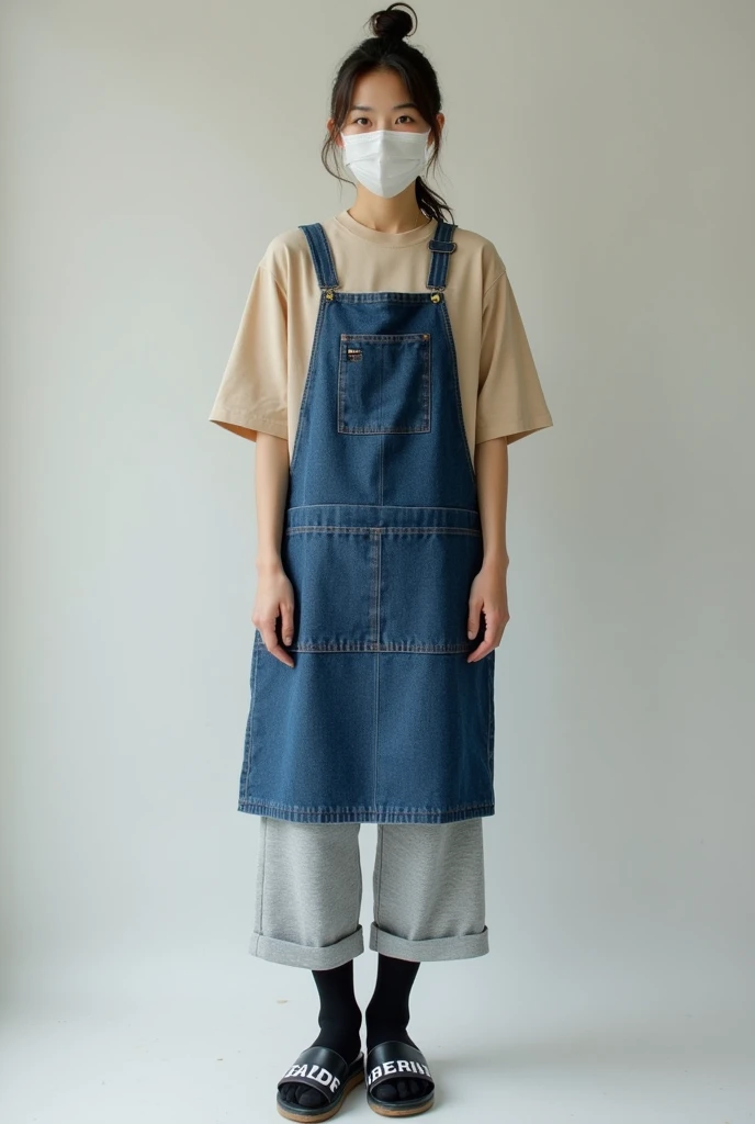 woman　44 years old　Hairstyle: Shoulder-length bun　White Mask　Beige long sleeve T-shirt　Denim patchwork apron　Grey jersey pants　Socks are black　The shoes are black Benassi-style sandals with white lettering.　White skin color　Japanese