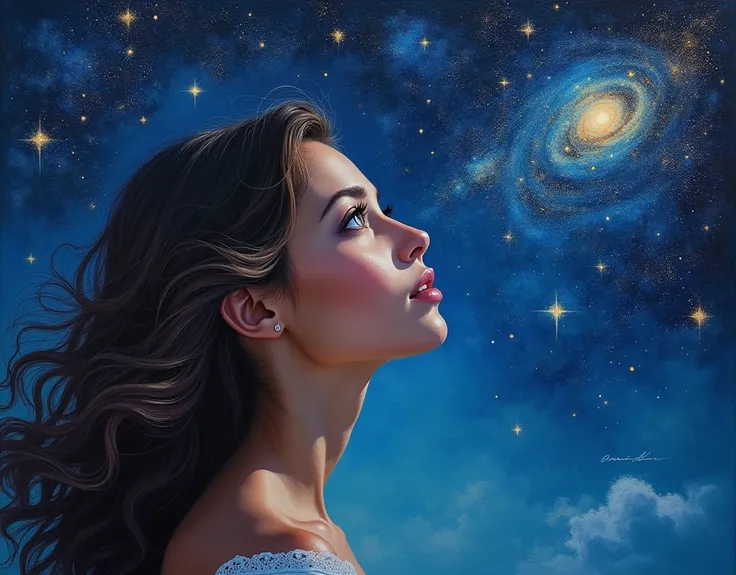 an oil painting of a young woman eyes as she is looking into the infinite stars in the night sky the stars are reflected in her eyes, a beautiful mature woman, dynamic hair color, dynamic skin complexion, wearing dynamic dress, looking into the stars, the ...