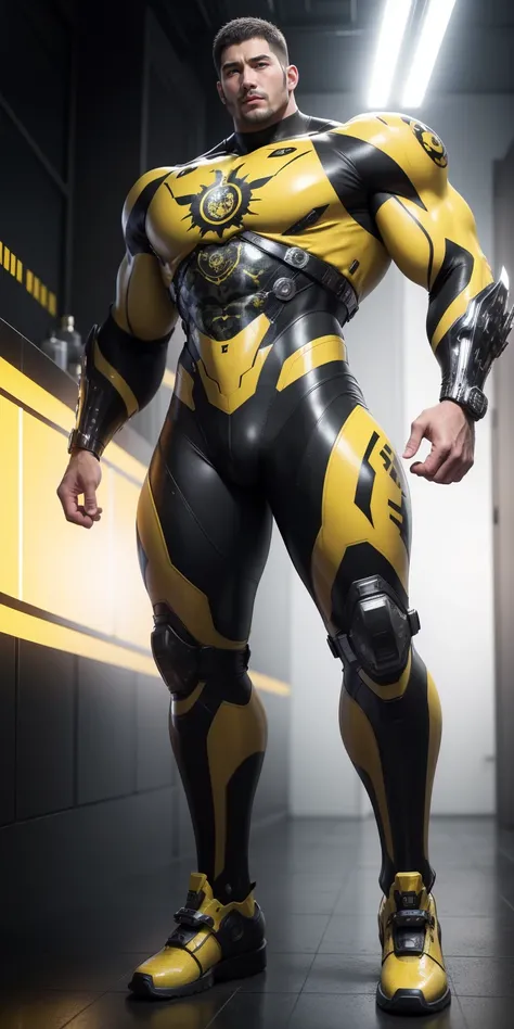 Tall giant muscular police officer，Yellow and black camouflage patterned nano mecha，Honeycomb pattern，Lightweight texture，Character Concept（Resident Evil - Chris Redfield，Chris Redfield）senior police officer，Small grid texture，Regular symmetrical texture p...