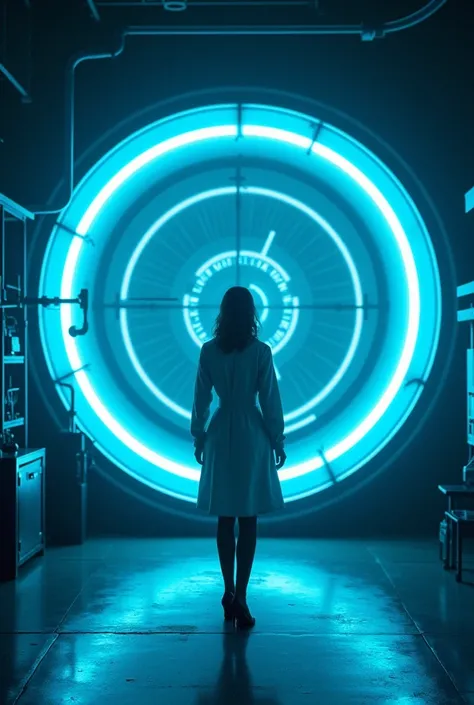 Inside a futuristic, high-tech laboratory. Dr.  Gray, a determined and intelligent scientist, stands before a glowing, circular portal that serves as her time machine. The machine emits a bright, bluish light, contrasting with the dark surroundings of the ...