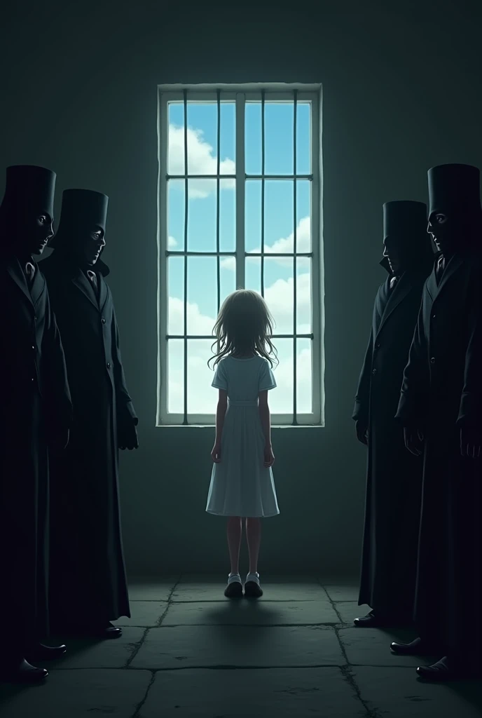 (((Petite fille qui regarde le ciel par une fenêtre de prison) se tenant debout devant 5 hommes déguisé ) dans une pièce sombre)