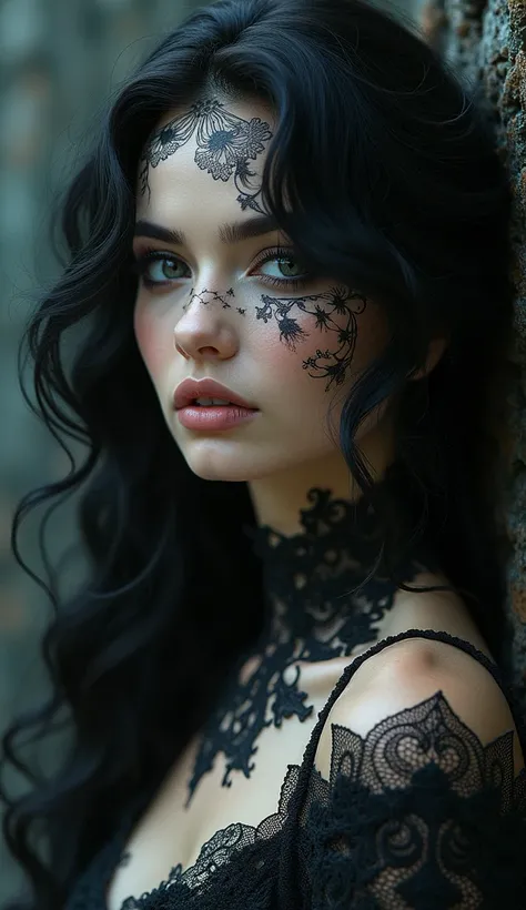 A mysterious beauty with dark, wavy locks and a smoldering stare, framed by delicate lace patterns and fractal designs.