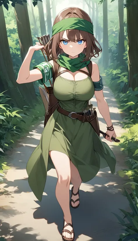 One Girl、Brown Hair、Medium Hair、Wear a bandana on your head、Serious face、blue eyes、Green cotton clothes、Large Breasts、Green armband、Recurve bow in left hand、Waist belt、Put a quiver on your shoulder、Sandals、Forest road、Fantasy