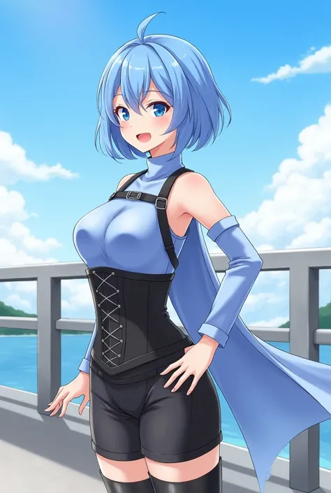 masterpiece, best quality, highres, aaaqua, short hair, blue hair, blue eyes, medium breasts, turtleneck, harness, blue shirt, detached sleeves, corset, black shorts, waist cape, black thighhighs, hand on hip, smile, open mouth, bridge, blue sky