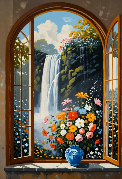 A painting：Flowers on the window - Flower waterfall, (((Negative Space：2)))