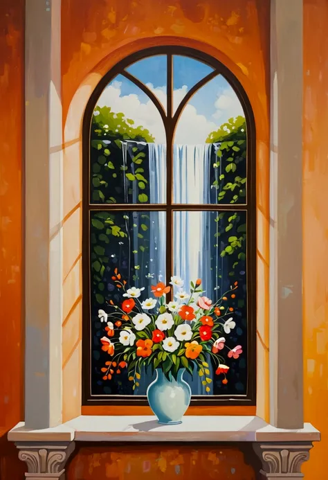 A painting：Flowers on the window - Flower waterfall, (((Negative Space：2)))