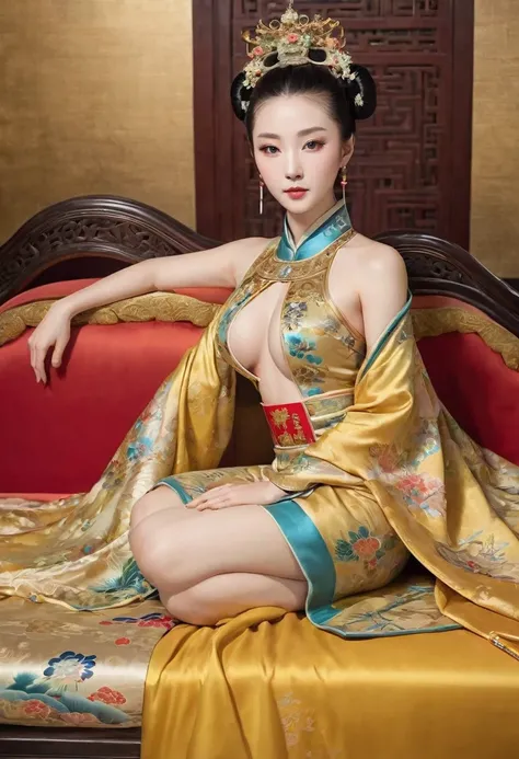 A gorgeous empress from the Chinese imperial court during the Qing Dynasty, fully naked on a large golden sofa with her legs spread（Porn Pose） A gorgeous Chinese imperial empress with her hair tied on both sides and wearing a crown、Background of kinky and ...