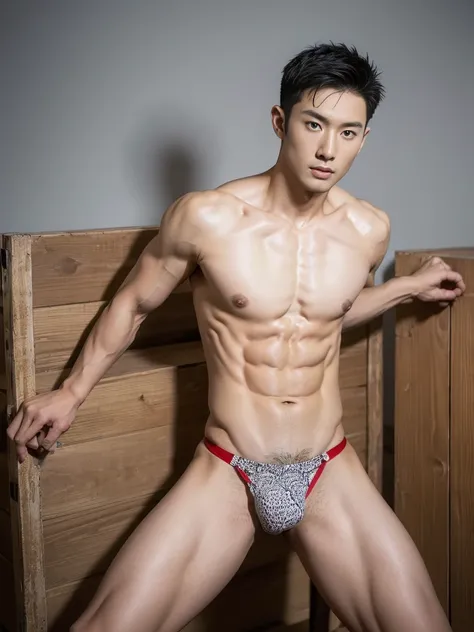 Chinese male actor in a micro thongs, handsome Chinese guy, handsome man, Full Body Shoot, photoshoot, portrait, look at camera, detailed facial parts, lifted arms, Manly, Charmer, Active Boy, standing, top tied up with rope, rope bondage, strangled with r...