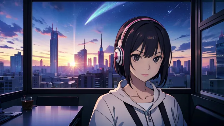 masterpiece, best quality, high quality, detailed, ultra detailed, hyper detailed, insanely detailed, exquisite, beautiful, FHD, Full-HD, 4K, 8K, 16K, highres, absurdres, skyscraper, city, a girl, intelligent, serious look, Im wearing headphones,short hair...