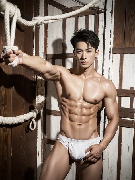 Chinese male actor in a micro thongs, handsome Chinese guy, handsome man, Full Body Shoot, photoshoot, portrait, look at camera, detailed facial parts, lifted arms, Manly, Charmer, Active Boy, standing, top tied up with rope, rope bondage, strangled with r...