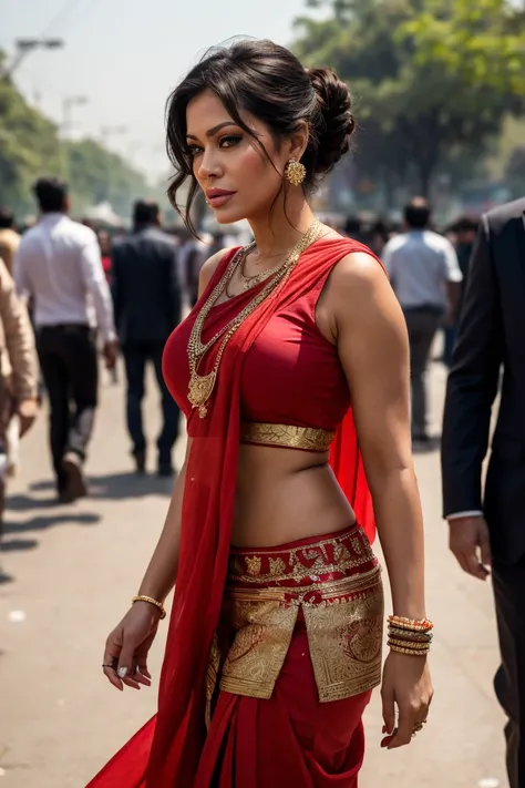 close up, walking pose , foto cruda, Jenna Jameson, rubio,, wearing traditional hindu dress, Disparo de vaquero , New Delhi streets background, people surround, high details, profundidad de campo, bokeh