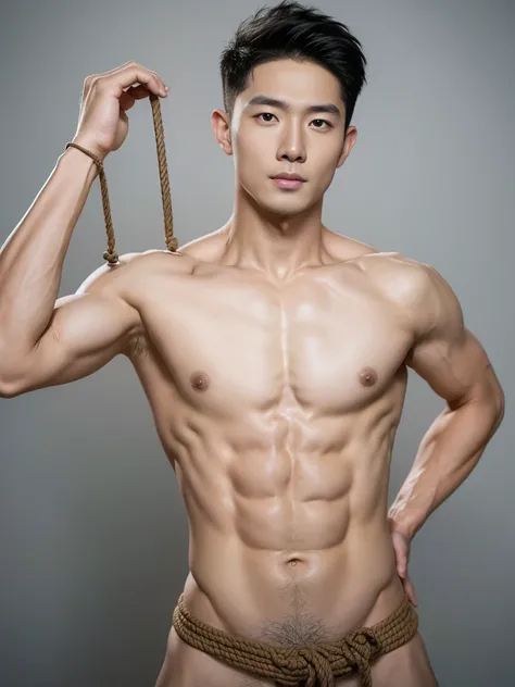 Chinese male actor in a micro thongs, handsome Chinese guy, handsome man, Full Body Shoot, photoshoot, portrait, look at camera, detailed facial parts, lifted arms, Manly, Charmer, Active Boy, standing, top tied up with rope, rope bondage, strangled with r...