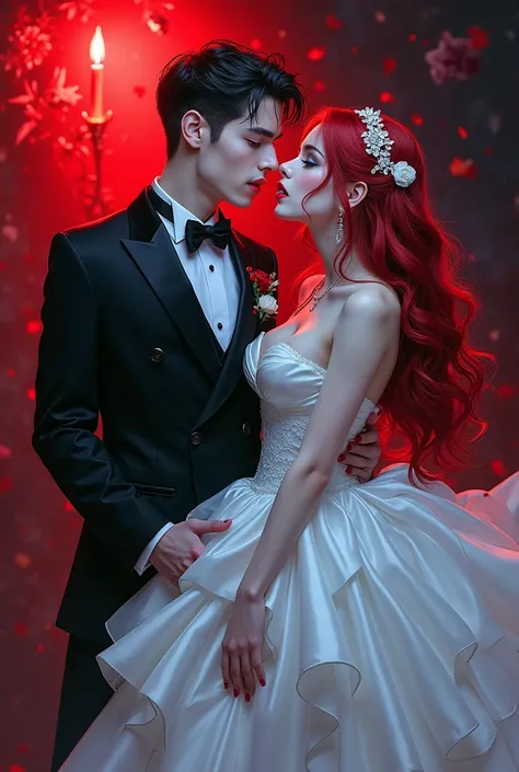 a anime comic picture of a ((vampire bride: 1.5)), biting her groom, a female vampire bride,  female vampire in a white leather wedding dress, (goth wedding dress: 1.4), with bloody gown, best detailed face,  ((blood on face)), ((vampire fangs: 1.5)) ultra...