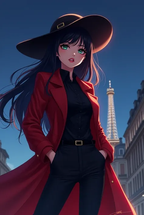 (realistic:0.2), anime illustration, 1girl,, red coat, big red hat, in paris france, sfw, black pants, black office shirt,, carmen sandiego,, blue sky,, long hair,, dramatic lightning, lights, epic lights, light on face, backlit, face light, lit face, fill...