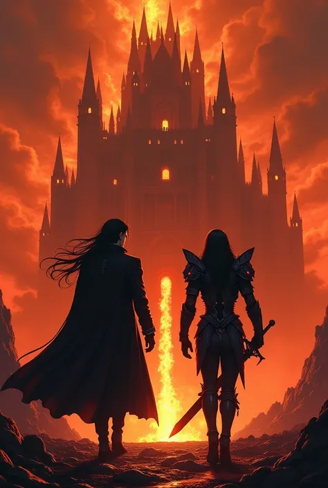 Voltex and Valis reach the front of a towering, imposing castle, their figures silhouetted against the blazing inferno of the molten wasteland. Voltex, in a long black coat and noble white shirt, with his flowing black hair and dark sword, exudes an air of...