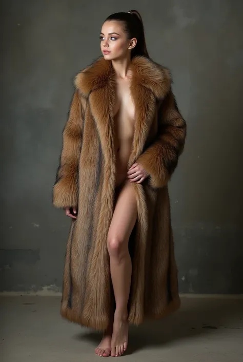 Full body photography、front、(Russian beautiful girl)、naked、High ponytail、No bangs、(Wear a fur coat)、(Fur fashion show)、(High-quality fur)、(voluminous fur)、(Big Breasts 1.9)、Full body photo、(Squat down and spread your legs)、(Inserting a male organ into a fe...