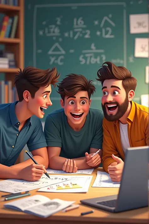 3 friend solving mathematics question on table and they are happy and laugh during study, one friend is on laptop and other two are on paper.
One friend is fatty and other .
Make pictures of three friends all are male and laughing loudly 