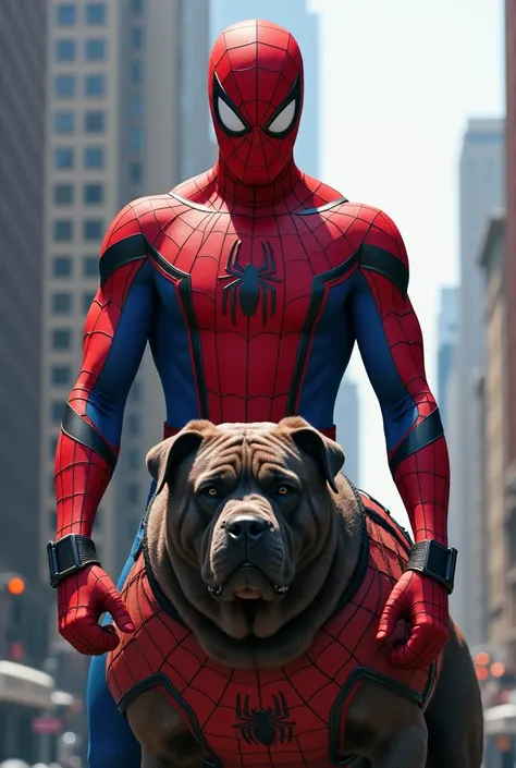 Spider-Man standing with a big  dangerous dog, dog wear spidermans costume and Spiderman holding dog collar