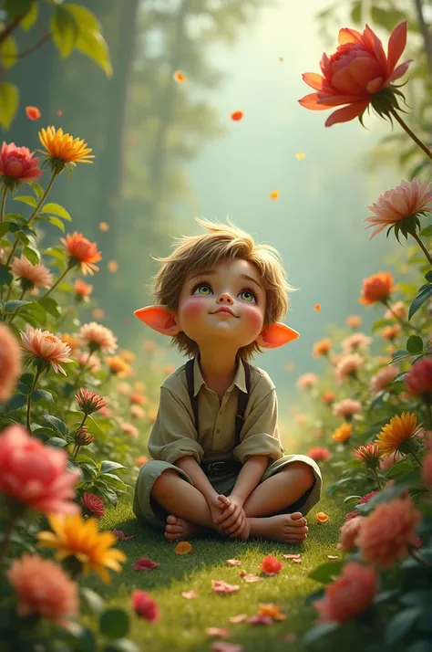 Elf boy sits among flowers on the ground,looks up