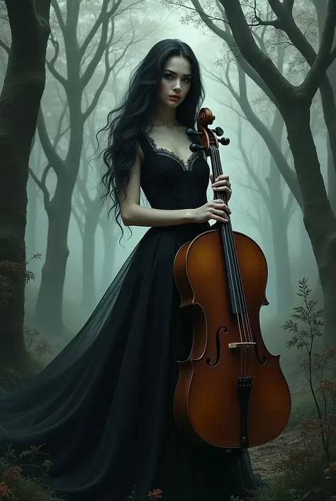 arafed woman in black dress holding a cello in a forest, a portrait inspired by Franz von Lenbach, deviantart contest winner, gothic art, lori earley, ebony rococo, black metal rococo, cello, victorian goth, victorian gothic, gothic maiden, classical witch...