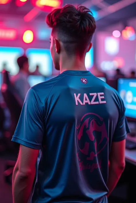 A young man wearing esports jersy with a name "K A Z E" at the back.