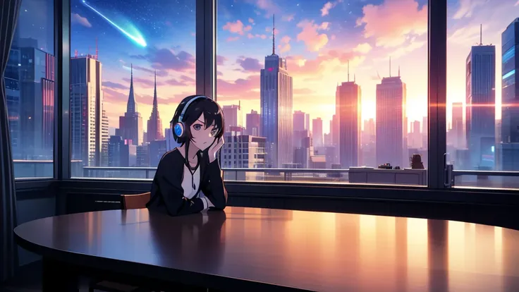 masterpiece, best quality, high quality, detailed, ultra detailed, hyper detailed, insanely detailed, exquisite, beautiful, FHD, Full-HD, 4K, 8K, 16K, highres, absurdres, skyscraper, city, a girl, intelligent, serious look, Im wearing headphones,short hair...