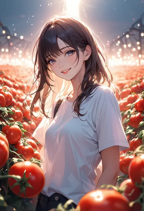 (masterpiece:1.5),(Beat quality),(high res),1girl solo,beautiful face,smile(shining eyes),upper body,light effects,Plainclothes woman,Tomato field