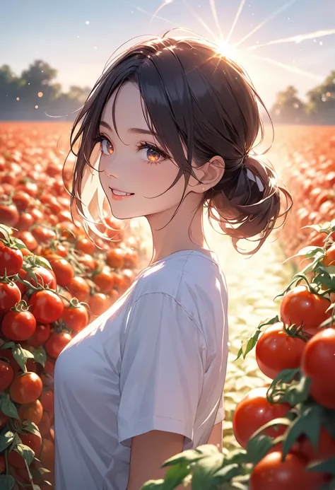 (masterpiece:1.5),(Beat quality),(high res),1girl solo,beautiful face,smile(shining eyes),upper body,light effects,Plainclothes woman,Tomato field