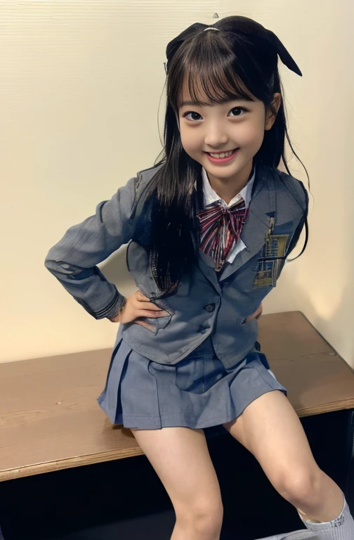 (8k, Highest quality, masterpiece: 1.5), (Realistic, photoRealistic: 1.5), (Childish face: 1.2), (((Full Body Photo 1.5))), (((Japanese schoolgirl: 1.6))), ((Grey no-tuck mini skirt:1.5)) , ((Gray High School Blazer)), ((Red ribbon around neck)), ((Neat no...