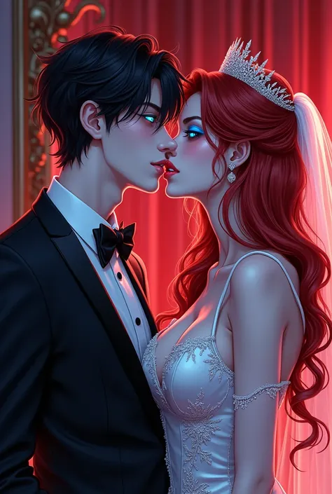 a anime comic picture of a ((vampire bride: 1.5)), biting her groom, a female vampire bride,  female vampire in a ((white leather wedding dress)), (goth wedding dress: 1.4), with bloody gown, best detailed face,  ((blood on face)), ((vampire fangs: 1.5)) u...