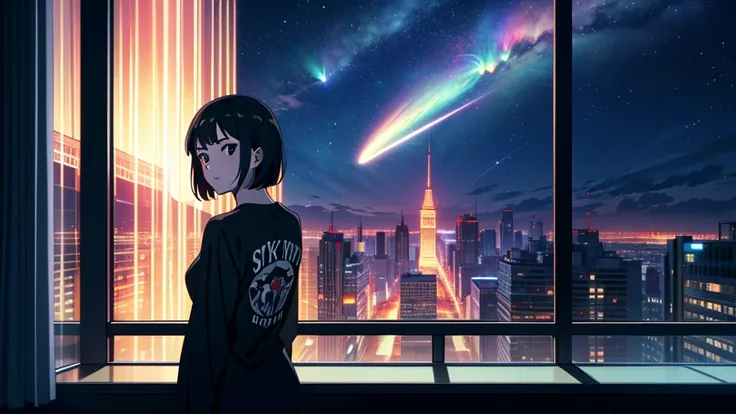 masterpiece, best quality, high quality, detailed, ultra detailed, hyper detailed, insanely detailed, exquisite, beautiful, FHD, Full-HD, 4K, 8K, 16K, highres, absurdres, skyscraper, city, a girl, intelligent, serious look, looking back, short hair, black ...