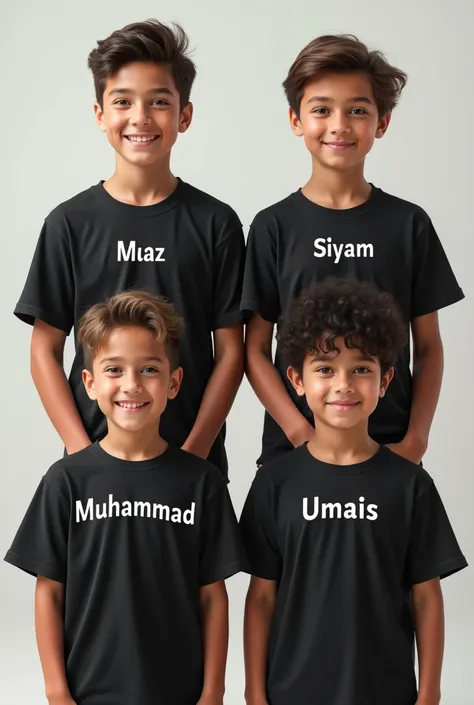 An image of four boys wearing black t shirt and first name is maaz and second name is Siyam and third name is Muhammad and fourth name is umais and their names are labelled on their t shirt 