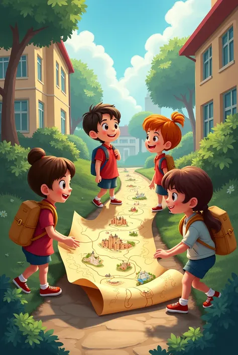 Imagine Same kids holding a treasure map with paths leading to different places 

(Schoool hospital playground)