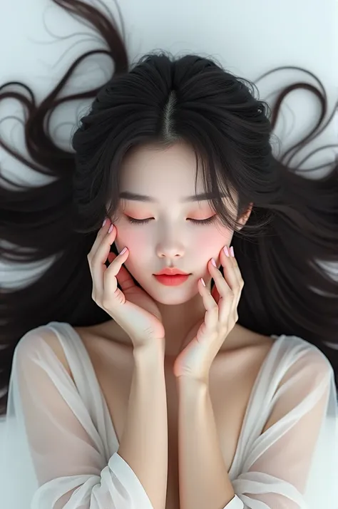 Create an Asian long-haired beauty，Picture top-down，Touch your scalp with both hands，The characters are realistic and realistic，Pure white background，Showing the angle of the top of the head，9:16 frames，Ultra-high-definition picture quality