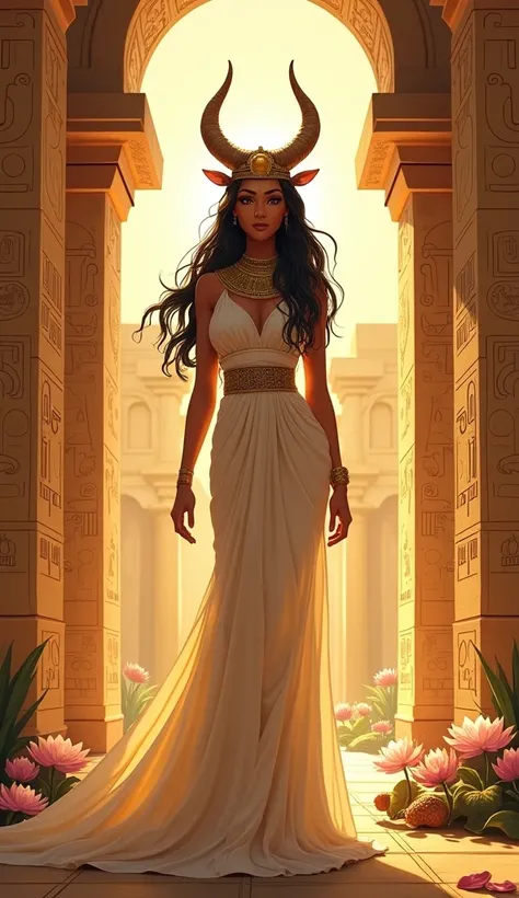 Create an illustration of Hathor, the Egyptian goddess of love, music, and joy. She stands gracefully in an ancient temple adorned with intricate hieroglyphs. Hathor wears a beautiful headdress featuring cow horns and a solar disk, and her flowing gown shi...