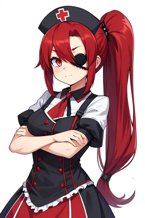 Cute Girls　Gothic Nurse Clothing　Red hair　Drill Hair　ponytail　真front　Eye patch　Angel&#39;s wing　Devil&#39;s Tail　tooth　Background white　Upper Body　Anime Style　sd　　One person　front　Big Tits　smile