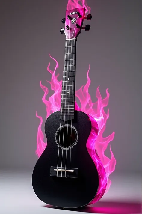 Black ukulele with fuchsia flames that says king dreez
