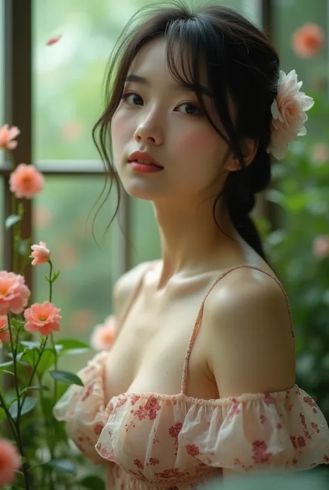 In a lush indoor garden、A Japanese woman is wearing a floral sheer top、A close-up of her breasts and soft flowers in the background、Creating harmony between nature and beauty。