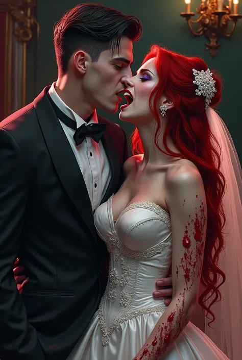 a dark fantasy art, dark comic, dark goth picture of a ((vampire bride: 1.5)), biting her groom, a female vampire bride,  female vampire in a ((white leather wedding dress)), (goth wedding dress: 1.4), with bloody gown, best detailed face,  ((blood on face...