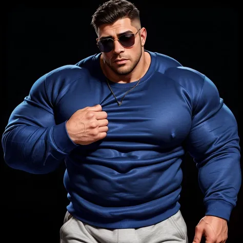 a very handsome young man, short hair, mid fade haircut, sunglasses, simple blue sweatshirt with long sleeves, exaggeratedly huge, exaggeratedly muscular, with exaggeratedly huge muscles, with exaggeratedly huge biceps, arms, shoulders and pecs, exaggerate...